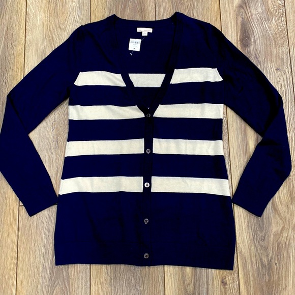 GAP Sweaters - NWT GAP Navy Off White Striped Wool Blend Cardigan Sz SMALL